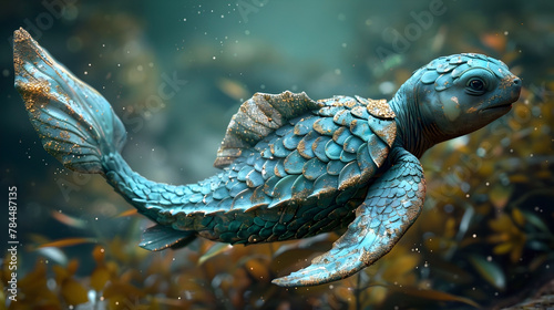 Surreal Mermaid Turtle Swimming in the Ethereal Underwater Realm with Striking Tail Fin and Detailed Scales