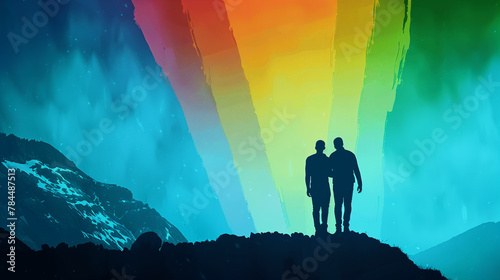 two gay men appreciating the radiant beams of an LGBT flag in the background, it symbolizes unity, acceptance, and pride in their identity.