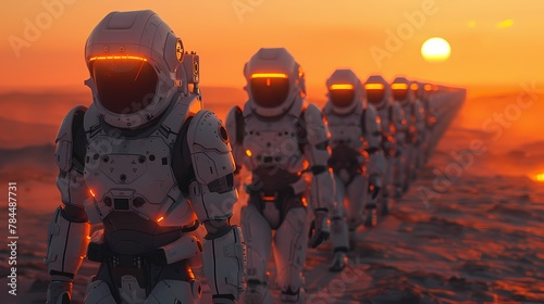 A group of cybernetic soldiers marching in perfect formation through a desolate, post-apocalyptic wasteland, their glowing eyes scanning the horizon for any signs of danger