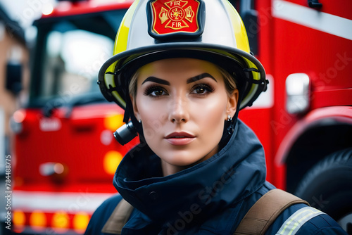 Portrait of firefighter in uniform and helmet near fire truck outdoors. Female firefighter against the background of a firetruck.