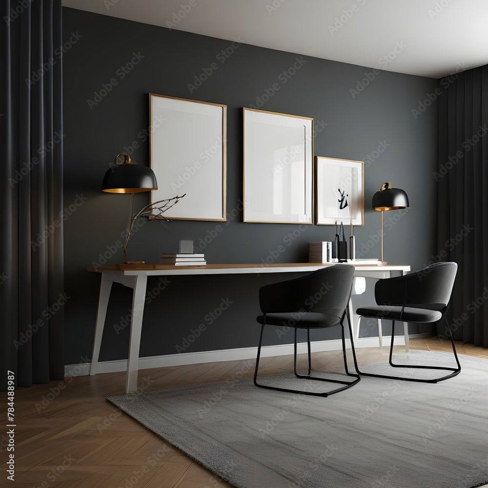 Fototapeta premium Business Room, white Wall Frame Mockup, Paper Size Mockup, Modern Home Design Interior, 3D Render