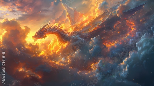 A majestic dragon gliding through a cloudy sky, its iridescent scales catching the sunlight as it dances gracefully