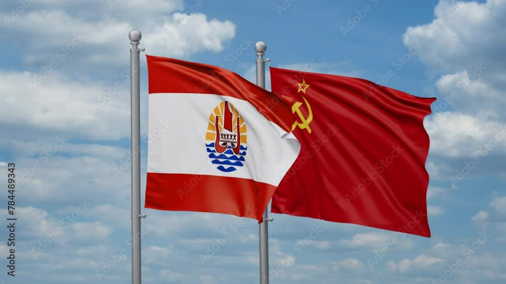 Soviet Union or USSR and French Polynesia two flags waving together, looped video, two country cooperation concept Soviet Union or USSR and French Polynesia two flags waving together, looped video, two country cooperation concept