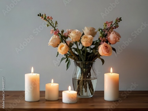  A minimalist still life composition featuring a single candle and a small bouquet of flowers arranged on a wooden surface