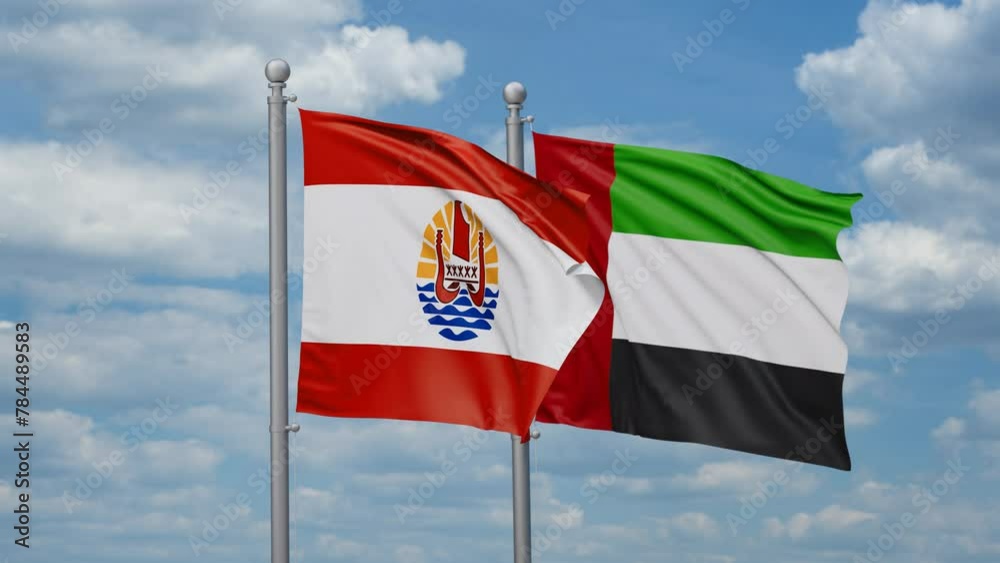 United Arab Emirates and French Polynesia two flags waving together, looped video, two country cooperation concept United Arab Emirates and French Polynesia two flags waving together, looped video, two country cooperation concept
