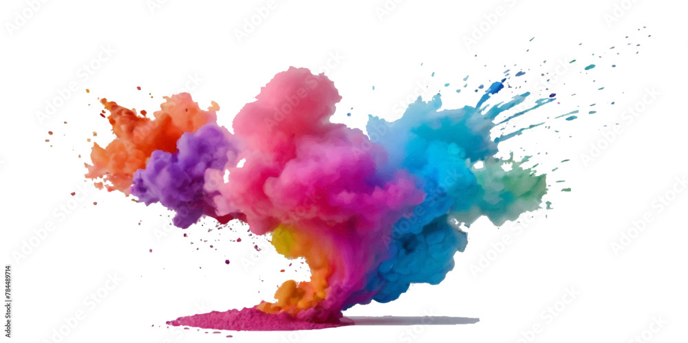 Vector colorful vibrant rainbow, smoke and cloud holi paint color powder explosion with bright colors isolated  on transparent background. Multicolored explosion of rainbow powder paint holi festival 