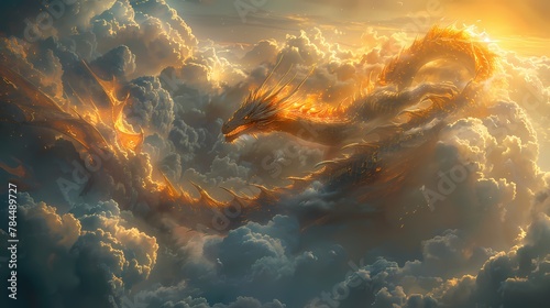 A majestic dragon soaring through a cloudy sky, its scales glistening in the sunlight as it twists and turns with grace ©  ALLAH LOVE