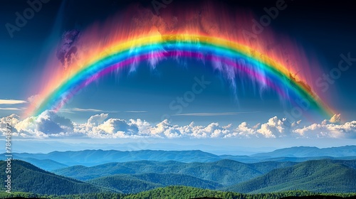   A rainbow arcs over a mountain range with one in the sky and another mirrored in a tranquil body of water below © Liel