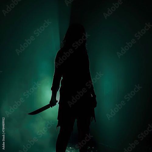 The shadow of a female murderer stood terrifyingly holding a knife and lit from behind.Scary horror or thriller movie mood or nightmare at night Murder or homicide . 
