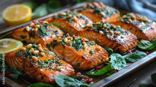 A platter of salmon topped with spinach, pine nuts, and a generous bed of fresh spinach leaves