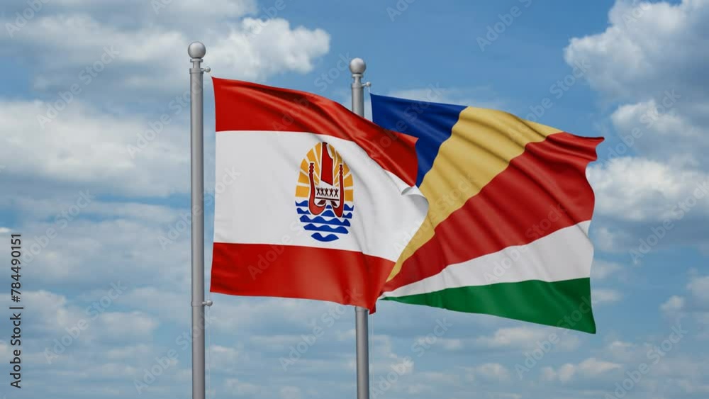 Seychelles and French Polynesia two flags waving together, looped video, two country cooperation concept