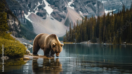 Brown Bear Hunting In the River in the Mountain Landscape