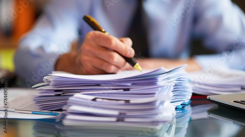 Close-up view of a businessman   s hands busy with paperwork