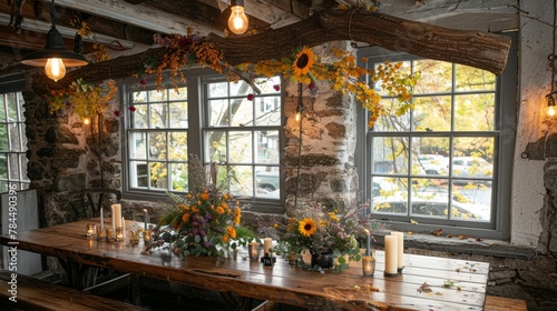   A wooden table  adorned with numerous vases brimming with flowers  stands beside a window overflowing with candles