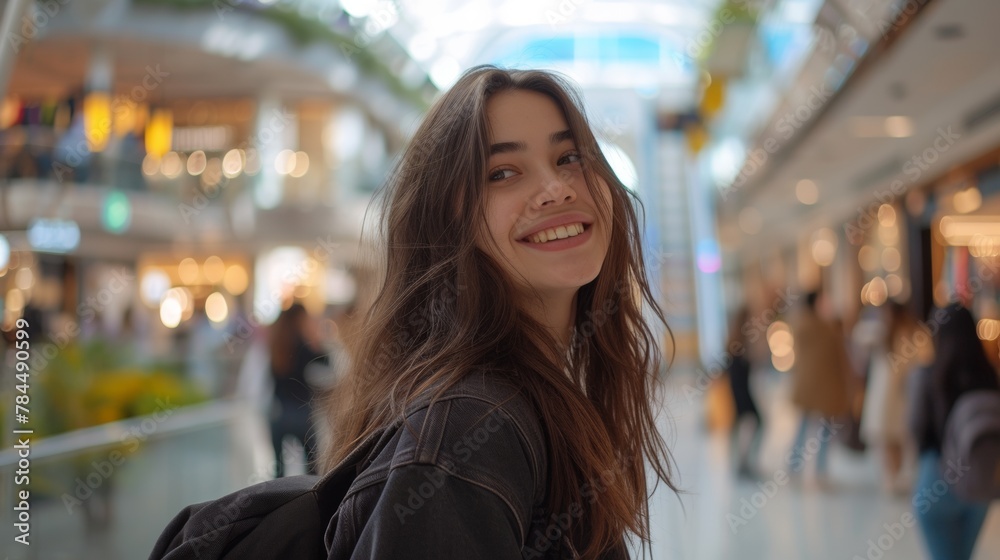 Cheerful woman spending her day in shopping at mall