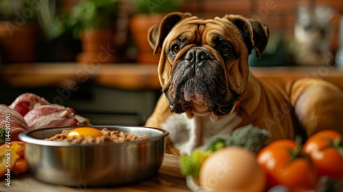 Cut dog with a stainless steel dog bowl with raw meat, ground turkey meat, carrots, broccoli, raw egg yolk on top. Healthy raw food for dog. Generative ai © Iuliia Metkalova