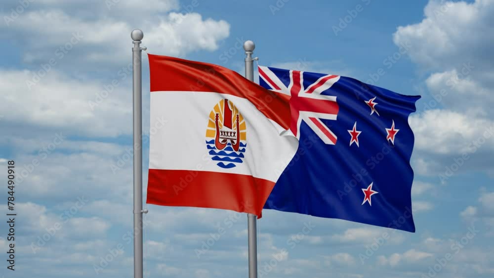 New Zealand and French Polynesia two flags waving together, looped video, two country cooperation concept New Zealand and French Polynesia two flags waving together, looped video, two country cooperation concept