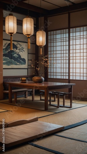 Japanese interior design of a cozy dining room, home. Low dining table near shoji screen against a tatami mat floor with hanging lanterns.