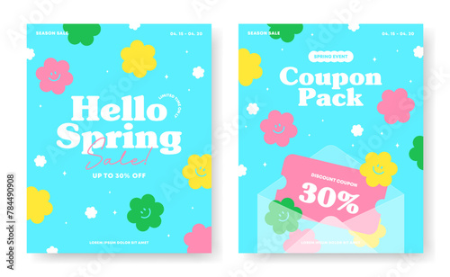 Spring sale coupon background. Discount promotion template for social media, cute banners design, web ads. Beautiful flower poster. Trendy retro cartoon style. Good vibes. Flat vector illustration.