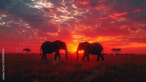   A few elephants atop a verdant field, beneath a red-blue sky, with sun distant © Liel