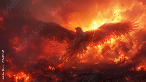 A mechanical phoenix rising from the ashes of a devastated landscape, its wings spread wide as it takes flight into the crimson sky
