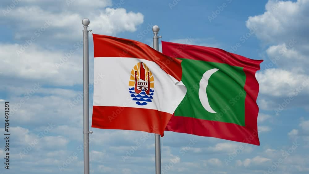Maldives and French Polynesia two flags waving together, looped video, two country relations concept Maldives and French Polynesia two flags waving together, looped video, two country relations concept
