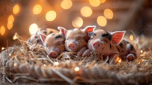   Three little pigs rest together on a hay pile, beside strands of lights © Liel
