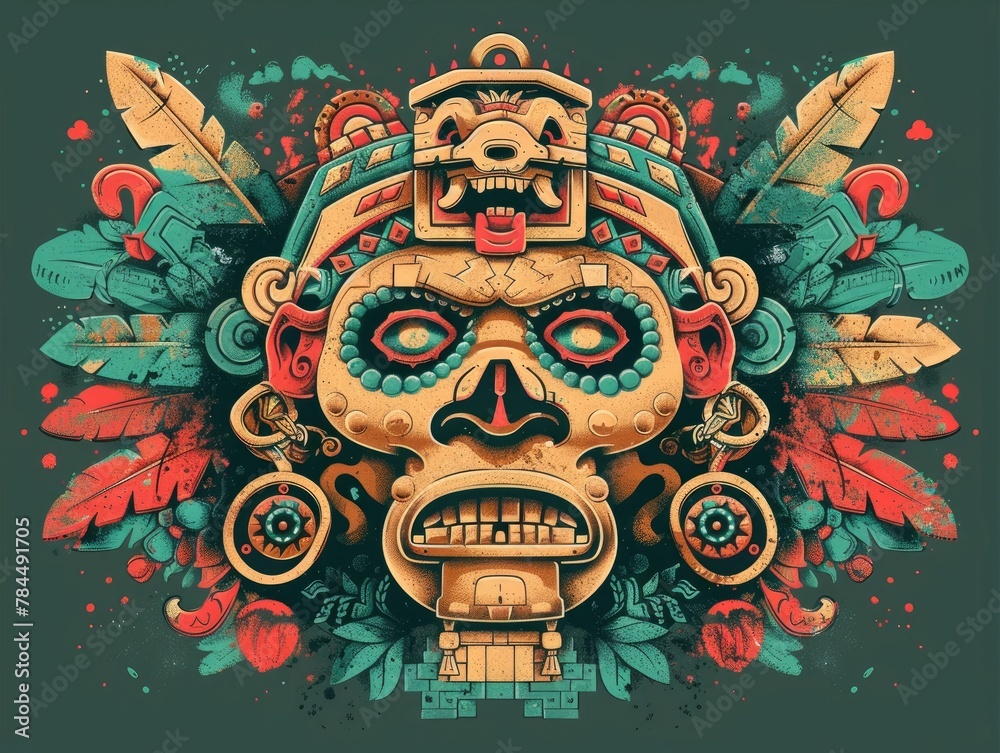 Intricate Aztec Tribal Mask with Lush Foliage Backdrop