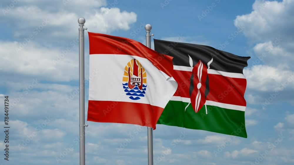 Kenya and French Polynesia two flags waving together, looped video, two country relations concept Kenya and French Polynesia two flags waving together, looped video, two country relations concept