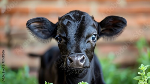  A tight shot of a black cow in a lush grassy field, with a brick wall as the backdrop