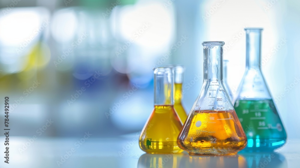 Table Laden With Colorful Liquid-Filled Flasks Table Laden With Colorful Liquid-Filled Flasks