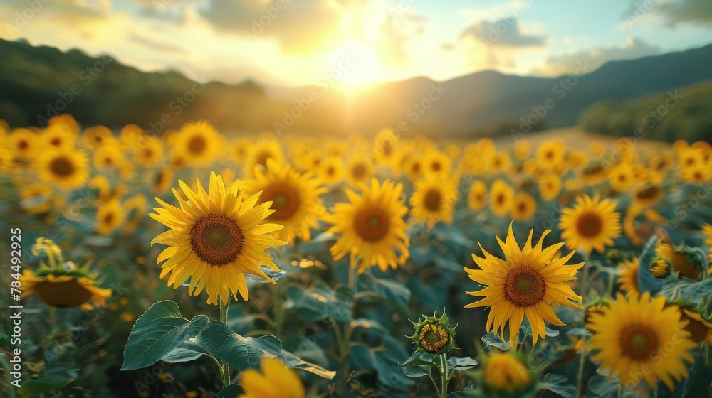 Obraz premium Sunflowers in Field at Sunset