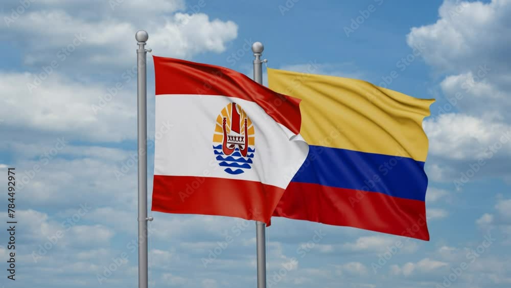 Colombia and French Polynesia two flags waving together, looped video, two country cooperation concept Colombia and French Polynesia two flags waving together, looped video, two country cooperation concept