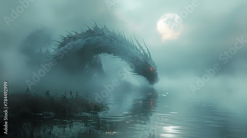 A mythical creature emerging from the depths of a mist-covered lake, its iridescent scales shimmering in the moonlight