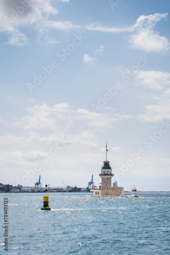 The Maiden's Tower or Leander's Tower, defensive watchtower and lighthouse at Bosphorus, Marmara sea, Istanbul, Turkey, copy space, vertical