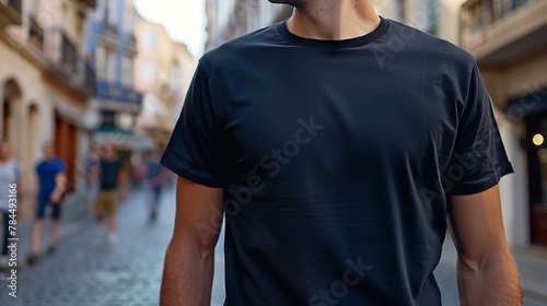 mockup, perfect design tshirt mockup , athletic young man wearing a blank black t-shirt, busy street in the background