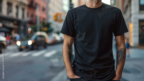 mockup, perfect design tshirt mockup , athletic young man wearing a blank black t-shirt, busy street in the background