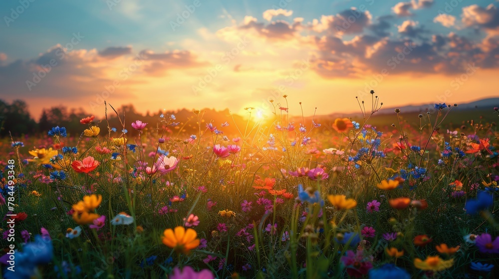 Field of Flowers With Sunset in the Background