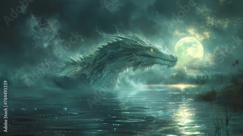 A mythical creature emerging from the depths of a mist-covered lake, its iridescent scales shimmering in the moonlight
