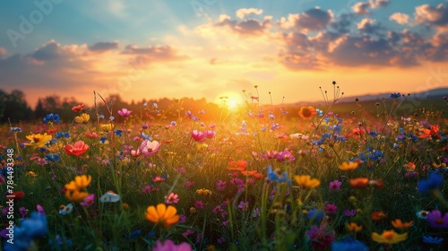 Field of Flowers With Sunset in the Background