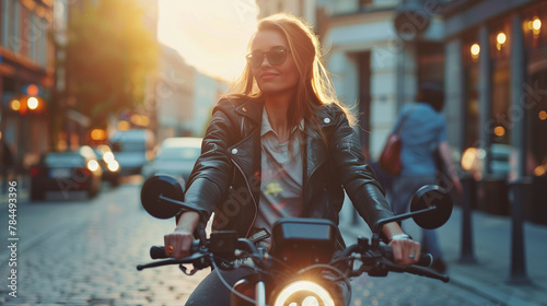 Happy woman cyclist wearing a helmet enjoying a ride with a futuristic electric bike on a sunny urban street