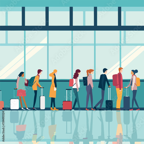 Lot of people queue in airport, waiting for check in