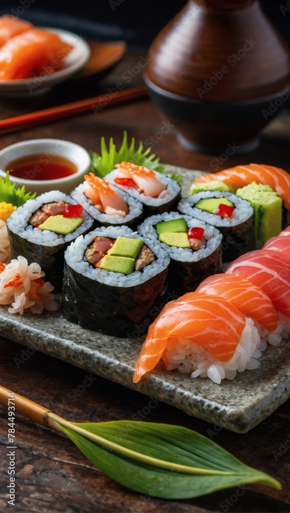 Japanese sushi still life, sashimi and maki rolls, summer mood.
