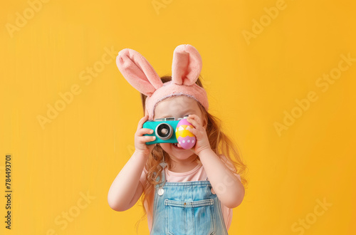 A cute little girl with bunny ears is holding an Easter egg camera and taking pictures against a yellow background with an Easter theme