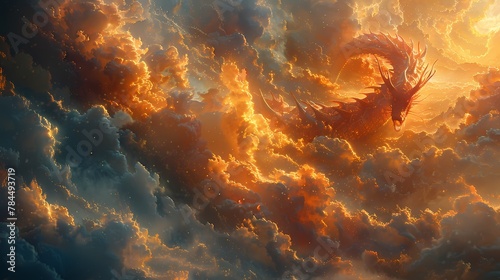 A panoramic view of a dragon spiraling upward through the clouds, its powerful form outlined by the sun's rays photo