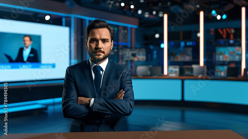 Professional male tv moderator stands in a modern television studio, ready to broadcast. The blank area used to visualize news can easily be replaced by your invidiual image or message © Frank Gärtner