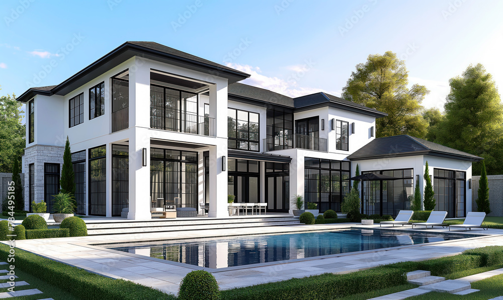 Elegant two-story residence with a swimming pool. The image captures a modern villa with contrasting white walls and dark window frames set in a lush garden