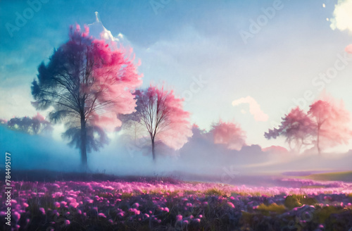 ピンク　木　霧　幻想的　自然　光　景色　夢幻