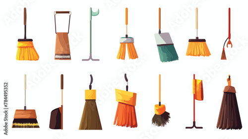 Set of cleaning supplies and tools. Brooms sanitary
