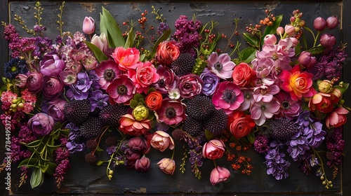   A tight shot of various flowers against a black backdrop Purple and red blooms occupy the frame's center photo